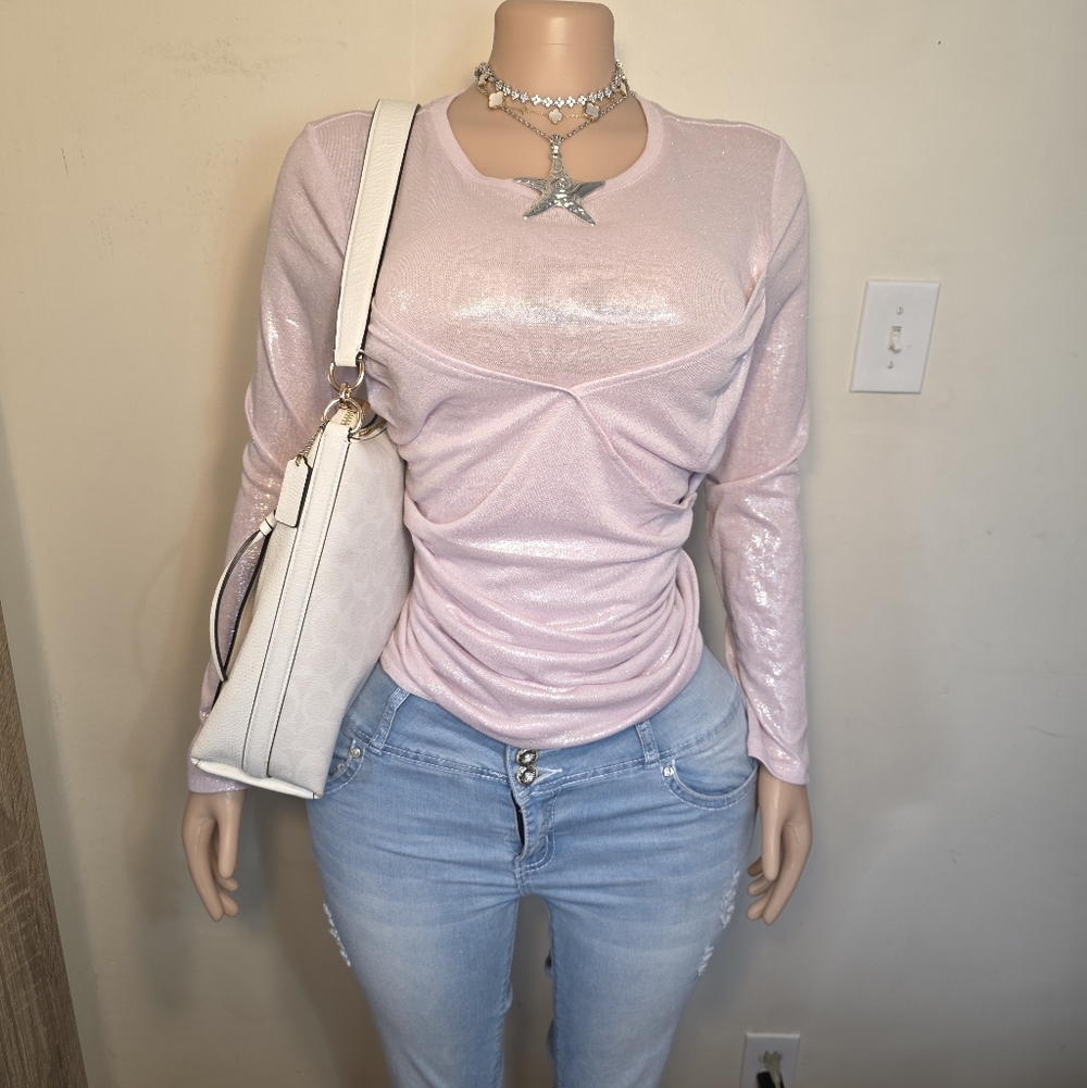 Express Fitted Shine Lightweight Crew Neck Faux Wrap Front Tee